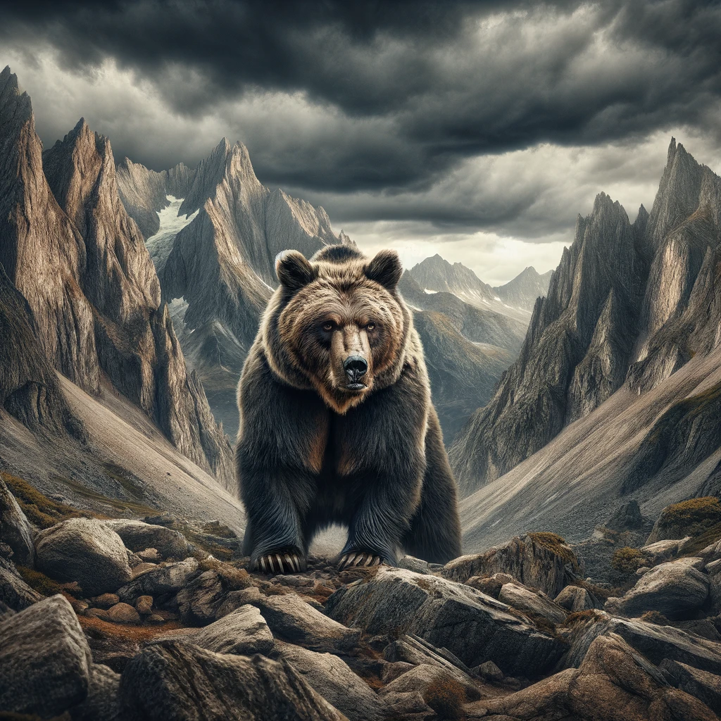 Imposing Father Bear in Dramatic Mountain Landscape: An imposing father bear in a more rugged and dramatic mountain landscape. The terrain is harsher, with larger rocks and dramatic cliffs. The bear is mightier, with darker, more defined fur and a more powerful stance. His gaze is intensely protective, surveying the vast landscape under a stormy sky, adding to the wild, untamed nature of the scene.